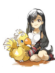 Rule 34 | 1girl, alternate breast size, bird, black hair, blue eyes, breast press, breasts, brown eyes, chocobo, closed mouth, commentary, earrings, elbow gloves, final fantasy, final fantasy vii, fingerless gloves, forehead, gloves, highres, jewelry, long hair, looking at another, looking at viewer, medium breasts, midriff, parted bangs, shadow, shirt, simple background, sitting, skirt, smile, solo, square enix, suspender skirt, suspenders, tifa lockhart, uzutanco, very long hair, white background, white shirt, yokozuwari