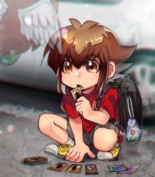 Rule 34 | 1boy, aged down, backpack, bag, blurry, blurry background, brown eyes, brown hair, card, day, feathered wings, full body, grey shorts, hair between eyes, holding, holding card, jinzo (yu-gi-oh!), male focus, medium hair, multicolored hair, open mouth, outdoors, red shirt, shirt, shoes, short shorts, short sleeves, shorts, sk816, sneakers, solo, squatting, two-tone hair, white wings, winged kuriboh, wings, yu-gi-oh!, yu-gi-oh! gx, yuki judai