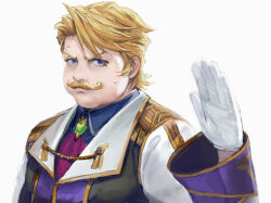 Rule 34 | 1boy, blonde hair, blue eyes, coat, collared shirt, epaulettes, facial hair, fate/grand order, fate (series), frown, gloves, goredolf musik, hand up, long sleeves, looking at viewer, male focus, mustache, puffy cheeks, shirt, short hair, simple background, single glove, solo, sweatdrop, tomatika, upper body, white background, white gloves