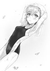 Rule 34 | 1girl, armpits, arms up, black one-piece swimsuit, blush, breasts, closed mouth, collarbone, competition swimsuit, cowboy shot, dutch angle, gradient background, greyscale, hair between eyes, isshi pyuma, misaka mikoto, monochrome, one-piece swimsuit, school swimsuit, short hair, skin tight, small breasts, solo, standing, swimsuit, thighs, toaru majutsu no index, tokiwadai school swimsuit, towel, towel on head, white background