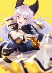 Rule 34 | 1girl, animal ears, armor, black capelet, blurry, blurry foreground, breasts, capelet, cleavage, clothes lift, commentary, depth of field, dress, dress lift, fang, granblue fantasy, grey eyes, large breasts, layered dress, lifting own clothes, long hair, nido celisius, open mouth, ribbon, satyr (granblue fantasy), simple background, solo, star-shaped pupils, star (symbol), symbol-shaped pupils, white hair, yellow background