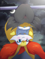 Rule 34 | 1girl, alternate eye color, animal ear fluff, animal ears, animal nose, artist name, black fur, black sky, blue eyes, blush, body fur, braixen, clitoral hood, cloud, creatures (company), crescent moon, crossed arms, dated, eryz, female focus, flat chest, fox ears, fox girl, fox tail, furaffinity username, furry, furry female, game freak, gen 6 pokemon, grin, groin, hanging, happy, highres, looking at viewer, moon, multicolored fur, neck fur, night, nintendo, outdoors, pokemon, pokemon (creature), pole, signature, sky, smile, snout, solo, star (sky), tail, teeth, thick thighs, thighs, twitter username, upside-down, white fur, yellow fur