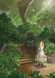 Rule 34 | 1girl, blonde hair, blue eyes, book, bow, chair, dress, flower, noki (affabile), original, plant, scenery, shoes, solo, stairs, table, tagme, tree, twintails, white dress