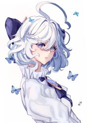 Rule 34 | 1girl, absurdres, abyss of alyss, ahoge, ascot, blue ascot, blue eyes, brooch, bug, butterfly, commentary request, furina (genshin impact), genshin impact, highres, insect, jewelry, shirt, short hair, solo, upper body, white hair, white shirt