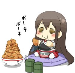 Rule 34 | 10s, 1girl, :t, akagi (kancolle), b-man, barrel, bauxite, bowl, brown eyes, brown hair, bucket, chibi, cushion, drinking straw, drum (container), eating, japanese clothes, kantai collection, long hair, muneate, pillow, puchimasu!, revision, simple background, sitting, solo, translation request, very long hair, wavy mouth, white background, yellow eyes