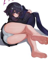 Rule 34 | 1girl, ass, bags under eyes, bare legs, barefoot, black hair, blue archive, blush, commentary, dokomon, feet, halo, haruka (blue archive), highres, holding cushion, korean commentary, looking at viewer, lying, on side, panties, purple eyes, soles, solo, toes, underwear, white panties