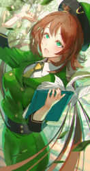Rule 34 | 1girl, absurdres, animal ears, blurry, blurry background, brown hair, buttons, clipboard, commentary request, depth of field, double-breasted, ear ornament, green eyes, green headwear, green jacket, hayakawa tazuna, highres, holding, horse ears, horse girl, horseshoe ornament, jacket, kaburagi yasutaka, long hair, paper, partial commentary, solo, umamusume, watch, wind, wristwatch