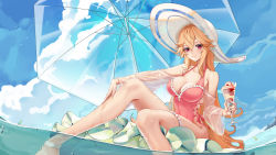 Rule 34 | 1girl, absurdres, anklet, azur lane, bare shoulders, blonde hair, blue sky, blush, breasts, cleavage, collarbone, covered navel, cross-laced clothes, cross-laced one-piece swimsuit, cup, female focus, frills, glass, haimian-v-, hair between eyes, hat, highleg, highleg swimsuit, highres, holding, holding cup, jewelry, large breasts, long hair, looking at viewer, official alternate costume, one-piece swimsuit, parfait, partially submerged, pink one-piece swimsuit, red eyes, richelieu (azur lane), richelieu (fleuron of the waves) (azur lane), sitting, sky, smile, solo, sun hat, swimsuit, umbrella, water, white hat