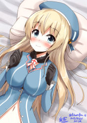 Rule 34 | 10s, 1girl, aikawa ryou, atago (kancolle), black gloves, blonde hair, blush, breasts, gloves, hat, kantai collection, large breasts, long hair, long sleeves, looking at viewer, lying, military, military uniform, navel, on back, out-of-frame censoring, pillow, smile, solo, unbuttoned, uniform, upper body, very long hair