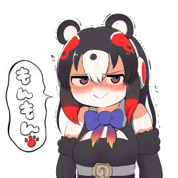 Rule 34 | 1girl, african penguin (kemono friends), animal costume, animal ear fluff, animal ears, belt, black eyes, black hair, blush, bow, bowtie, closed mouth, clothing cutout, elbow gloves, gloves, headphones, highres, higumamon (kemono friends), kemono friends, kemono friends v project, long hair, looking at viewer, mcgunngu, multicolored hair, red hair, shirt, simple background, sleeveless, sleeveless shirt, solo, virtual youtuber, white background, white hair