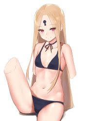 Rule 34 | 1girl, abigail williams (fate), bad id, bad pixiv id, bare shoulders, bikini, black bikini, blonde hair, breasts, closed mouth, collarbone, cropped legs, fate/grand order, fate (series), forehead, highres, jilu, keyhole, long hair, looking at viewer, navel, parted bangs, red eyes, simple background, small breasts, smile, solo, swimsuit, thighs, white background