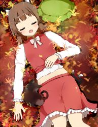 Rule 34 | 1girl, animal ear fluff, animal ears, bad id, bad pixiv id, blush, bow, bowtie, brown hair, cat, cat ears, cat tail, chen, closed eyes, dress, fang, feet out of frame, gold trim, hat, mob cap, multiple tails, nekomata, open mouth, outdoors, poco (zdrq3), red dress, short hair, skin fang, sleeping, solo, tail, touhou, two tails, unworn hat, unworn headwear, white bow, white bowtie