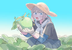 Rule 34 | 1boy, fate/grand order, fate (series), field, food, fruit, gloves, grey eyes, hat, holding, holding food, holding fruit, looking at viewer, male focus, melon, neckerchief, oberon (fate), oneroom-disco, open mouth, ponytail, solo, sparkle, squatting, summer, sun hat, sweatdrop, teeth, upper body, upper teeth only, white gloves, white neckerchief