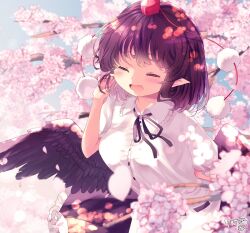Rule 34 | 1girl, :d, bird wings, black hair, black ribbon, black skirt, black wings, blush, breasts, cherry blossoms, closed eyes, collared shirt, hat, highres, kemo chiharu, medium breasts, open mouth, pointy ears, pom pom (clothes), puffy short sleeves, puffy sleeves, red hat, ribbon, shameimaru aya, shirt, short hair, short sleeves, skirt, smile, solo, tengu, tokin hat, touhou, white shirt, wings