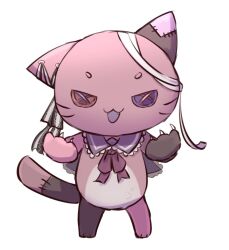 Rule 34 | :3, animal ears, bandaged head, bandages, bow, bowtie, button eyes, buttons, cat tail, claws, detached collar, facial mark, fangs, heterochromia, indie virtual youtuber, milk tea 1993, open mouth, pon-chan (mikeneko), purple eyes, red eyes, ribbon, sailor collar, simple background, smile, striped ribbon, stuffed animal, stuffed toy, tail, tsurime, virtual youtuber, whisker markings, white background