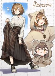 Rule 34 | 1girl, :d, :i, absurdres, ahoge, animal hood, aran sweater, artist name, belt, black choker, black footwear, blue sky, blush, blush stickers, bob cut, braid, braided bangs, breasts, brown belt, brown eyes, brown hair, brown hoodie, brown skirt, cable knit, character name, chibi, chibi inset, choker, cloak, closed eyes, closed mouth, cloud, collarbone, commentary, cropped torso, drawstring, earrings, english commentary, full body, grid background, grin, hair between eyes, head tilt, highres, hololive, hololive english, hood, hood up, hoodie, jewelry, long skirt, long sleeves, looking at viewer, medium breasts, multiple views, nanashi mumei, nanashi mumei (casual), necklace, notice lines, open mouth, outline, outstretched arms, plaid, plaid skirt, pout, red shirt, romaji text, shadow, shirt, shoes, short eyebrows, short hair, signature, skirt, skirt hold, sky, sleeves past fingers, sleeves past wrists, smile, sneakers, sweater, teeth, tenchi mayo, thick eyebrows, undershirt, upper teeth only, virtual youtuber, white background, white hair, white outline, white sweater