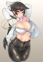 Rule 34 | 1girl, adjusting hair, azur lane, black hair, bow, bra, breasts, hair bow, large breasts, long hair, military, military uniform, mouth hold, open clothes, open shirt, panties, pantyhose, panzer (p.z), ponytail, shirt, takao (azur lane), underwear, uniform, very long hair