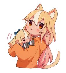 Rule 34 | 1girl, animal ear fluff, animal ears, blonde hair, blush, cat ears, cat girl, cat tail, character doll, commentary request, cropped torso, dark-skinned female, dark skin, hololive, hood, hood down, hoodie, kemonomimi mode, long hair, long sleeves, low twintails, multicolored hair, orange hoodie, red eyes, sasaki (glass1138), shiranui flare, simple background, sleeves past fingers, sleeves past wrists, solo, streaked hair, tail, twintails, upper body, very long hair, virtual youtuber, white background, white hair
