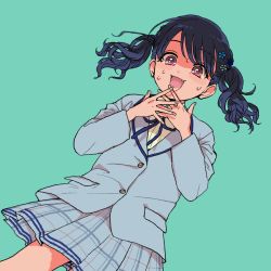 Rule 34 | 1girl, blazer, blue background, blue hair, blue ribbon, covering own mouth, dark blue hair, discowars, fang, flower, from below, fukumaru koito, grey jacket, hair flower, hair ornament, idolmaster, idolmaster shiny colors, jacket, looking at viewer, neck ribbon, open mouth, pink eyes, plaid, plaid skirt, pleated skirt, ribbon, school uniform, skirt, solo, sweat, twintails