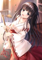 Rule 34 | 1girl, :d, bamboo broom, black hair, bow, box, braid, breasts, broom, brown eyes, collarbone, commentary request, day, donation box, hair ribbon, hakama, hakama skirt, highres, holding, holding broom, japanese clothes, kimono, leaf, long hair, long sleeves, looking at viewer, medium breasts, miko, open mouth, original, outdoors, red bow, red hakama, red ribbon, ribbon, ribbon-trimmed sleeves, ribbon trim, skirt, smile, solo, toshi (1-147), very long hair, white kimono, wide sleeves
