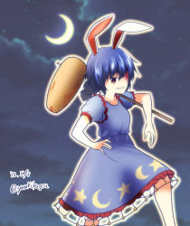 Rule 34 | 1girl, ambiguous red liquid, animal ears, artist name, blood, blood stain, blue hair, blue skirt, braid, crescent, crescent moon, dated, dress, gradient background, grin, hand on own hip, kine, mallet, moon, night, over shoulder, ponytail, puffy short sleeves, puffy sleeves, rabbit ears, red eyes, satou yuuki, seiran (touhou), short hair, short sleeves, single braid, skirt, smile, solo, stain, star (symbol), touhou, weapon, weapon over shoulder