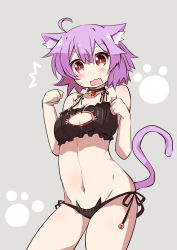 Rule 34 | 10s, 1girl, animal ears, black bra, bra, cat cutout, cat ears, cat tail, choker, clenched hands, clothing cutout, grey background, highres, kantai collection, meme attire, open mouth, paw pose, paw print, pink hair, red eyes, shirogane (platinum), short hair, solo, ^^^, tail, tama (kancolle), underwear