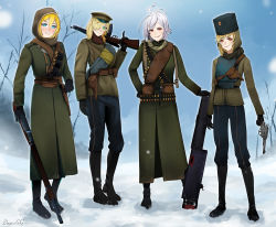 Rule 34 | 4girls, alternate costume, ammunition belt, ammunition pouch, artist name, assault rifle, battle rifle, black footwear, black gloves, blonde hair, blue eyes, blue pants, blush, body armor, bolt action, boots, brown jacket, brown scarf, bullet, closed mouth, coat, commentary, darkpulsegg, english commentary, fedorov (girls&#039; frontline), fedorov avtomat, full body, fur hat, gas-seal revolver, girls&#039; frontline, gloves, green coat, green eyes, green headwear, green scarf, gun, hair between eyes, hair over one eye, handgun, hat, highres, holding, holding gun, holding weapon, holstered, hood, hood up, jacket, lips, long hair, looking at viewer, machine gun, maxim gun, medium hair, military, military hat, military uniform, mosin-nagant, mosin-nagant (girls&#039; frontline), multiple girls, nagant m1895, nagant revolver (girls&#039; frontline), open mouth, over shoulder, pants, papakha, maxim gun, pm1910 (girls&#039; frontline), pouch, red eyes, revolver, rifle, russian empire, scarf, shell casing, smile, snow, snowflakes, standing, uniform, weapon, weapon over shoulder, white hair, winter, winter clothes, winter coat, winter uniform