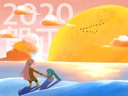 Rule 34 | 2020, 2girls, aqua hair, bird, boots, brown coat, coat, commentary, flock, grey coat, hatsune miku, holding hands, long hair, megurine luka, mittens, multiple girls, niidonroad, ocean, open mouth, pink hair, pulling, pulling another&#039;s clothes, scenery, shadow, smile, standing, sunset, twilight, twintails, v formation, very long hair, vocaloid