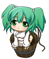 Rule 34 | 1girl, barefoot, blush, bucket, female focus, green eyes, green hair, hair bobbles, hair ornament, in bucket, in container, kisume, long sleeves, matching hair/eyes, rope, sarada, short hair, solo, touhou, transparent background, twintails, watari hajime