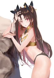 Rule 34 | armlet, crown, earrings, fate/grand order, fate (series), hair ribbon, highres, ishtar (fate), jewelry, kabocha (monkey4), long hair, long legs, looking at viewer, neck ring, red eyes, ribbon, rock, shiny skin, solo, sweat, twintails, two side up