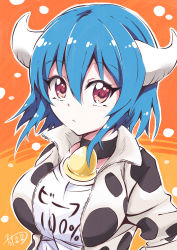 Rule 34 | 1girl, absurdres, animal print, bad id, bad pixiv id, bell, blouse, blue hair, blush, breasts, closed mouth, collar, cow girl, cow horns, cow print, hair between eyes, highres, horns, huge filesize, jashin-chan dropkick, large breasts, looking at viewer, minos (jashin-chan dropkick), neck bell, red eyes, shirt, short hair, solo, upper body, white shirt, yuuki shushu
