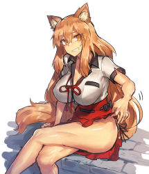 Rule 34 | 1girl, animal ear fluff, animal ears, bare legs, blush, breasts, brown eyes, brown hair, cleavage, clothes lift, fate/extra, fate/extra ccc, fate/extra ccc fox tail, fate/grand order, fate (series), fox ears, grin, hair between eyes, large breasts, lifting own clothes, long hair, looking at viewer, melon22, red ribbon, red skirt, ribbon, short sleeves, skirt, skirt lift, smile, solo, suzuka gozen (fate), thighs, very long hair