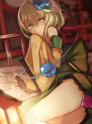 Rule 34 | 1girl, bare legs, bare shoulders, blush stickers, covering privates, covering crotch, flower, green eyes, hair flower, hair ornament, heart, heart-shaped pupils, komeiji koishi, lantern, long sleeves, looking at viewer, nakaichi (ridil), naughty face, off shoulder, on bed, seductive smile, shirt, silver hair, skirt, sleeves past wrists, smile, solo, symbol-shaped pupils, thighs, third eye, touhou, wide sleeves