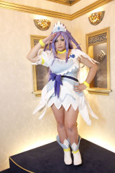 Rule 34 | 1girl, ankle boots, asian, blue eyes, blue hair, boots, bow, bracelet, breasts, choker, chouzuki maryou, cosplay, cure diamond, cure diamond (cosplay), dokidoki! precure, dress, hand on own hip, headpiece, highres, jewelry, large breasts, long hair, magical girl, matching hair/eyes, photo (medium), plump, ponytail, precure, puffy short sleeves, puffy sleeves, ribbon, salute, short sleeves, solo, tiara