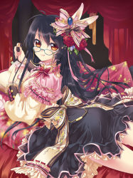 Rule 34 | 1girl, :q, black hair, blue-framed eyewear, book, bow, brown eyes, checkerboard cookie, cookie, cu-rim, cup, floral print, flower, food, frilled bow, frills, glasses, gothic lolita, hair bow, hair flower, hair ornament, lolita fashion, long hair, looking at viewer, looking back, open book, original, pillow, red rose, ribbon-trimmed clothes, ribbon trim, rose, solo, tongue, tongue out, too many