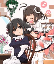 Rule 34 | 10s, 2girls, :d, ^ ^, alternate hairstyle, antenna hair, belt, black hair, black skirt, blush, bottle, brown eyes, brown hair, brushing hair, chair, closed eyes, clothes hanger, commentary request, daisy, double bun, elbow gloves, closed eyes, flower, gloves, haguro (kancolle), hair brush, hair bun, hair ornament, hair scrunchie, hairdressing, hands on lap, hanging plant, kantai collection, looking up, mirror, multiple girls, musical note, naka (kancolle), open mouth, pantyhose, perfume bottle, plant, potted plant, puffy short sleeves, puffy sleeves, quaver, remodel (kantai collection), rikuo (whace), scrunchie, short hair, short sleeves, sitting, skirt, smile, spoken musical note, table, thighhighs, tissue box, v arms, vanity table, vase, whace, white gloves, white legwear