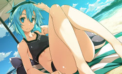 Rule 34 | 1girl, bare arms, bare legs, bare shoulders, beach, beach towel, beach umbrella, bikini, black bikini, blue eyes, blue hair, blue sky, breasts, closed mouth, cloud, collarbone, commentary request, day, dutch angle, goggles, goggles on head, highres, knees up, looking at viewer, medium breasts, outdoors, sand, shikei, shiny skin, short hair, sinon, sitting, sky, solo, swimsuit, sword art online, thighs, towel, umbrella, water