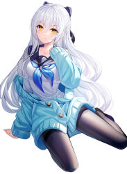 Rule 34 | 1girl, black bow, black pantyhose, black sailor collar, blue jacket, blue neckerchief, bow, breasts, closed mouth, collarbone, commentary, full body, hair between eyes, hair bow, hand up, highres, jacket, long hair, long sleeves, looking at viewer, medium breasts, neckerchief, no shoes, original, pantyhose, puffy long sleeves, puffy sleeves, ririko (zhuoyandesailaer), saegusa riko, sailor collar, shirt, simple background, sleeves past wrists, smile, solo, thighband pantyhose, very long hair, white background, white hair, white shirt, yellow eyes