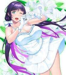 Rule 34 | 1girl, ;d, absurdres, birthday, bow, breasts, cleavage, collarbone, commentary request, cowboy shot, dress, dutch angle, feet out of frame, floral background, flower, gloves, green eyes, happy, heart, heart hands, highres, large breasts, looking at viewer, love live!, love live! school idol project, low twintails, mizuno kakeru, one eye closed, open mouth, purple hair, smile, solo, sundress, teeth, tojo nozomi, twintails, upper teeth only, white bow, white dress, white flower
