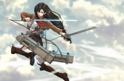 Rule 34 | 1girl, belt, black hair, boots, breasts, brown jacket, cloud, cloudy sky, cosplay, dual wielding, earrings, fighting stance, final fantasy, final fantasy vii, full body, hair between eyes, highres, holding, jacket, jewelry, large breasts, long hair, long sleeves, looking to the side, low-tied long hair, mikasa ackerman, mikasa ackerman (cosplay), neckerchief, open mouth, pants, red eyes, red neckerchief, shingeki no kyojin, shirt, shouting, sky, solo, spykeee, survey corps, survey corps (emblem), sword, teeth, three-dimensional maneuver gear, tifa lockhart, upper teeth only, weapon, white pants, white shirt