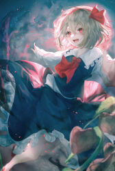 Rule 34 | 1girl, :d, absurdres, ascot, black skirt, black vest, blonde hair, blush, commentary request, foreshortening, frilled shirt collar, frilled skirt, frills, full body, hair between eyes, hair ribbon, highres, long sleeves, looking at viewer, medium hair, open mouth, outstretched arms, red ascot, red eyes, red footwear, red ribbon, red tie, ribbon, rumia, shirt, skirt, skirt set, smile, solo, teeth, toku kekakewanko, touhou, upper teeth only, vest, white shirt