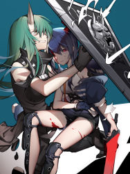 Rule 34 | aniao ya, arknights, arm around shoulder, armband, armor, black footwear, black gloves, black pants, black shirt, black shorts, blood, blood on face, blue background, blue gloves, blue hair, blue jacket, boots, breastplate, breasts, ch&#039;en (arknights), clenched teeth, closed mouth, collared shirt, commentary request, dragon horns, dragon tail, fingerless gloves, gloves, green hair, highres, horns, hoshiguma (arknights), hug, injury, jacket, knee boots, lips, long hair, medium breasts, off shoulder, one eye closed, pants, partial commentary, protecting, red eyes, shield, shirt, short shorts, shorts, simple background, single glove, single horn, sitting, skin-covered horns, sleeveless, sleeveless shirt, straight hair, sword, tail, teeth, thighs, torn clothes, torn shorts, turtleneck, twintails, weapon, white shirt, yellow eyes