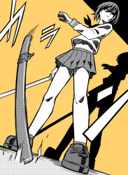 Rule 34 | 1girl, absurdres, bad id, bad pixiv id, dutch angle, from below, full body, greyscale, greyscale with colored background, highres, holding, holding sword, holding weapon, loafers, looking to the side, miniskirt, monochrome, original, pleated skirt, scabbard, school uniform, shadow, sheath, shoes, short hair, simple background, skirt, standing, sword, tuskryo, weapon, yellow background