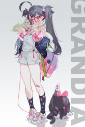 Rule 34 | 1girl, absurdres, ahoge, animal ears, animal hands, apron, artist name, backpack, bag, bandaid, bell, bird, black hair, blush stickers, cat, cat ears, cat paws, cat tail, collar, collarbone, feathered wings, feathers, flat chest, glasses, grandia lee, hair bobbles, hair ornament, highres, jacket, leash, licking, long hair, nearly naked apron, neck bell, original, panties, pink panties, polka dot, polka dot legwear, shoes, socks, tail, twintails, underwear, white background, white footwear, wings