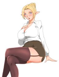 Rule 34 | 1girl, breasts, cleavage, elf, female focus, large breasts, office lady, pointy ears, simple background, solo, supi (inner map), tagme, thighhighs