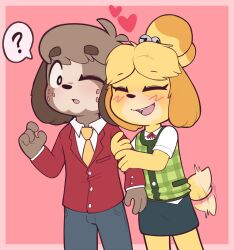 Rule 34 | 1boy, 1girl, ?, absurdres, animal crossing, black pants, black skirt, blush, brother and sister, brown fur, closed eyes, collared shirt, digby (animal crossing), furry, furry female, furry male, green vest, heart, highres, isabelle (animal crossing), jacket, motion blur, necktie, nintendo, one eye closed, open mouth, orange necktie, pants, pink background, plaid, plaid vest, porldraws, red jacket, shirt, short sleeves, siblings, skirt, speech bubble, tail, tail wagging, vest, white shirt, yellow fur