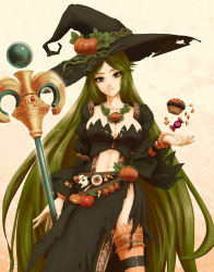 Rule 34 | 1girl, bad id, bad pixiv id, black dress, breasts, candy, chibi-pit, cleavage, dress, food, green eyes, green hair, halloween, hat, kid icarus, kid icarus uprising, large breasts, long hair, looking at viewer, matching hair/eyes, midriff, navel, nintendo, palutena, pumpkin, side slit, smile, solo, standing, striped clothes, striped thighhighs, thighhighs, torn clothes, very long hair, witch