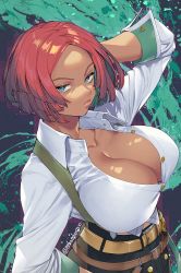 Rule 34 | 1girl, arm behind head, belt, breasts, cleavage cutout, clothing cutout, dark-skinned female, dark skin, giovanna (guilty gear), gold belt, green eyes, guilty gear, guilty gear strive, high-waist pants, highres, large breasts, looking at viewer, multiple belts, murata tefu, pants, partially unbuttoned, plunging neckline, red hair, short hair, sleeves pushed up, suspenders, watermark