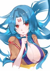 Rule 34 | 1girl, blue hair, breasts, closed mouth, facial mark, floating hair, forehead mark, highres, large breasts, long hair, looking at viewer, neko (ganecooo), red eyes, simple background, solo, toushin toshi, toushin toshi ii, twirling hair, upper body, white background