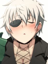 Rule 34 | 1girl, akame ga kill!, blush, breasts, cleavage, closed eyes, eyepatch, facing viewer, highres, incoming kiss, large breasts, najenda (akame ga kill!), nose blush, open mouth, pov, ryohei 29, short hair, simple background, solo, white background, white hair